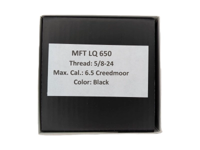 Tłumik przepływowy MFT LQ650, Black, w komplecie z tłumikiem płomienia na gwint 5/8-24, kal. 6.5 Creedmoor