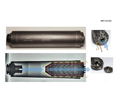 Tłumik przepływowy MFT CQ762, Cerakote Black, w komplecie z tłumikiem płomienia na gwint 1/2-28, kal. 9 oraz 7,62