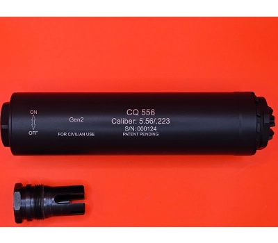 Tłumik przepływowy MFT CQ556, Cerakote Black, w komplecie z tłumikiem płomienia na gwint 1/2-28, kal. 5,56